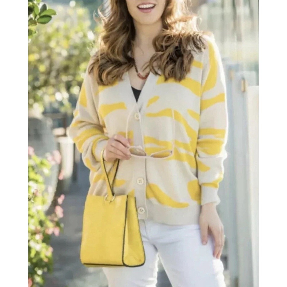 Cabi Roar Cardigan‎ Yellow Light Beige Zebra Size S